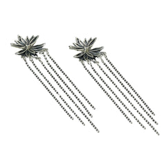 Floral Silver Drop Earrings with Long Chain Tassels