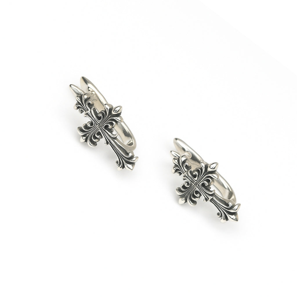 Vintage Cross Design Silver Hoop Earrings