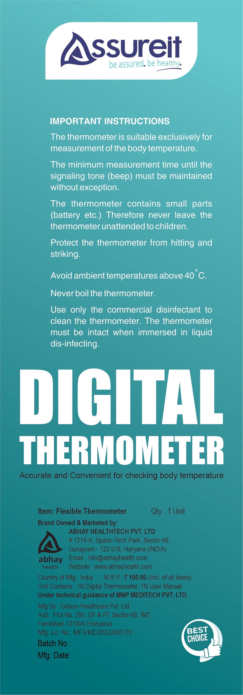 Assureit Flexible Digital Thermometer – Best Digital Thermometer for Fever | Safe for Babies, Kids & Adults | Mercury-Free | Results in 10–30 Seconds