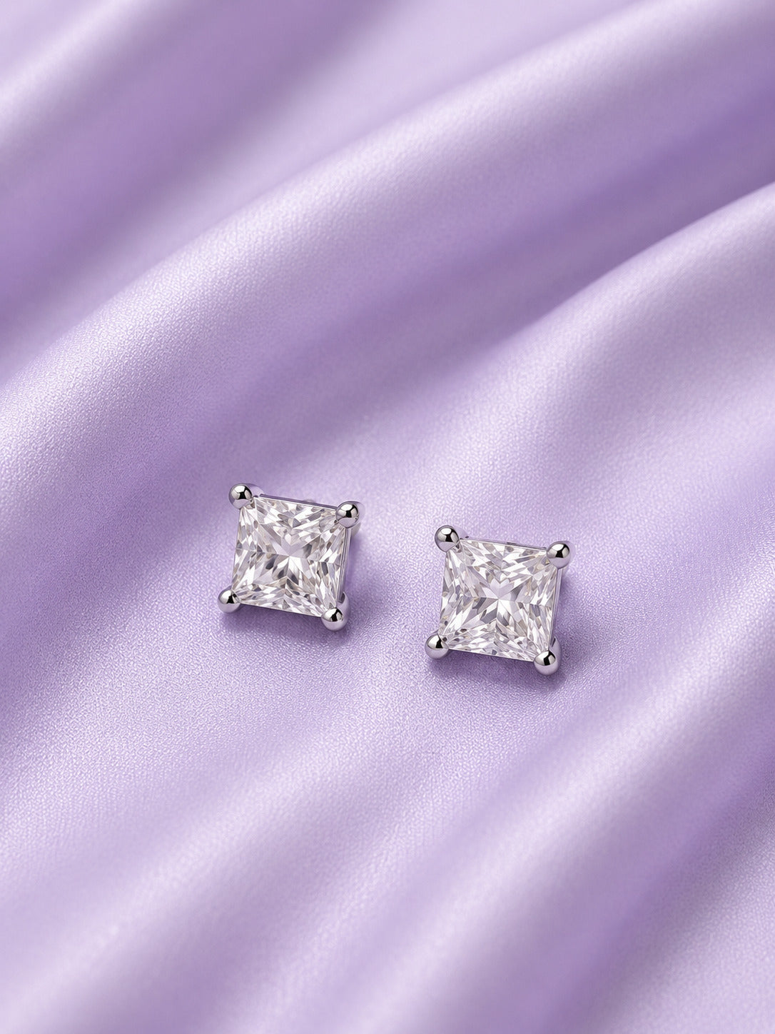 Sterling silver earrings for women with big princess-cut solitaire CZ stone