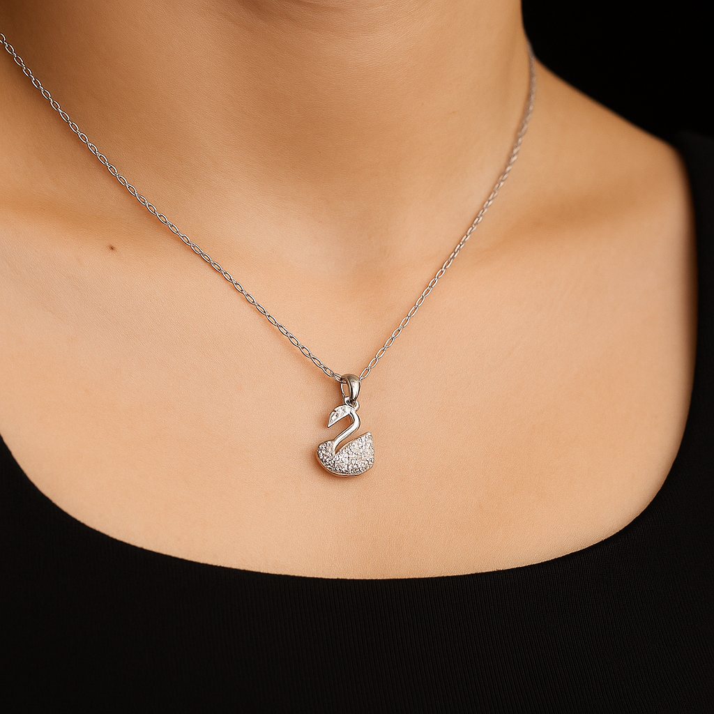 Elegant Silver Swan Pendant with Sparkling Gemstones