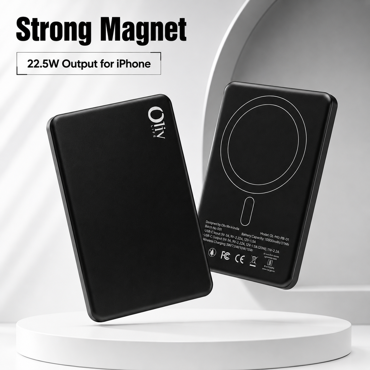 OlivLife 10000mAh wireless power bank features – 22.5W fast charging, strong magnetic alignment, MagSafe compatible, compact portable design
