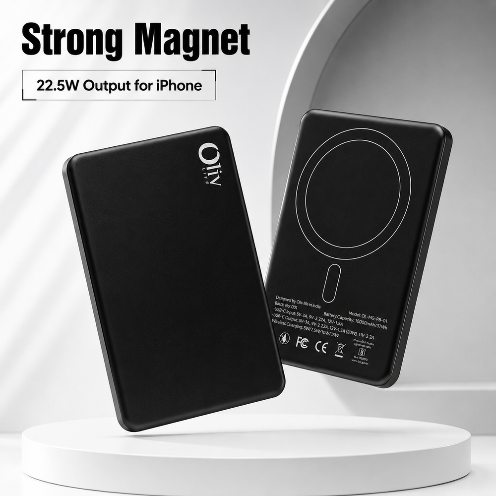 OlivLife 10000mAh wireless power bank features – 22.5W fast charging, strong magnetic alignment, MagSafe compatible, compact portable design
