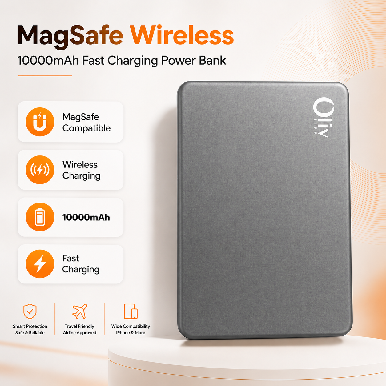 OlivLife MagSafe Power Bank 10000mAh – 22.5W Fast Charging, Strong Magnetic Wireless Portable Charger for iPhone 15, 16 & Android | 3 Colours