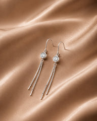 Sterling silver earrings for women with crystal stud and dual chain drop