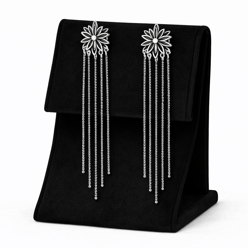 Floral Silver Drop Earrings with Long Chain Tassels