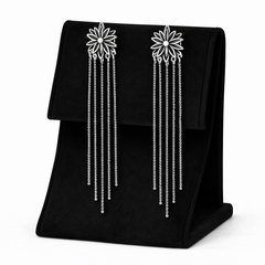 Floral Silver Drop Earrings with Long Chain Tassels