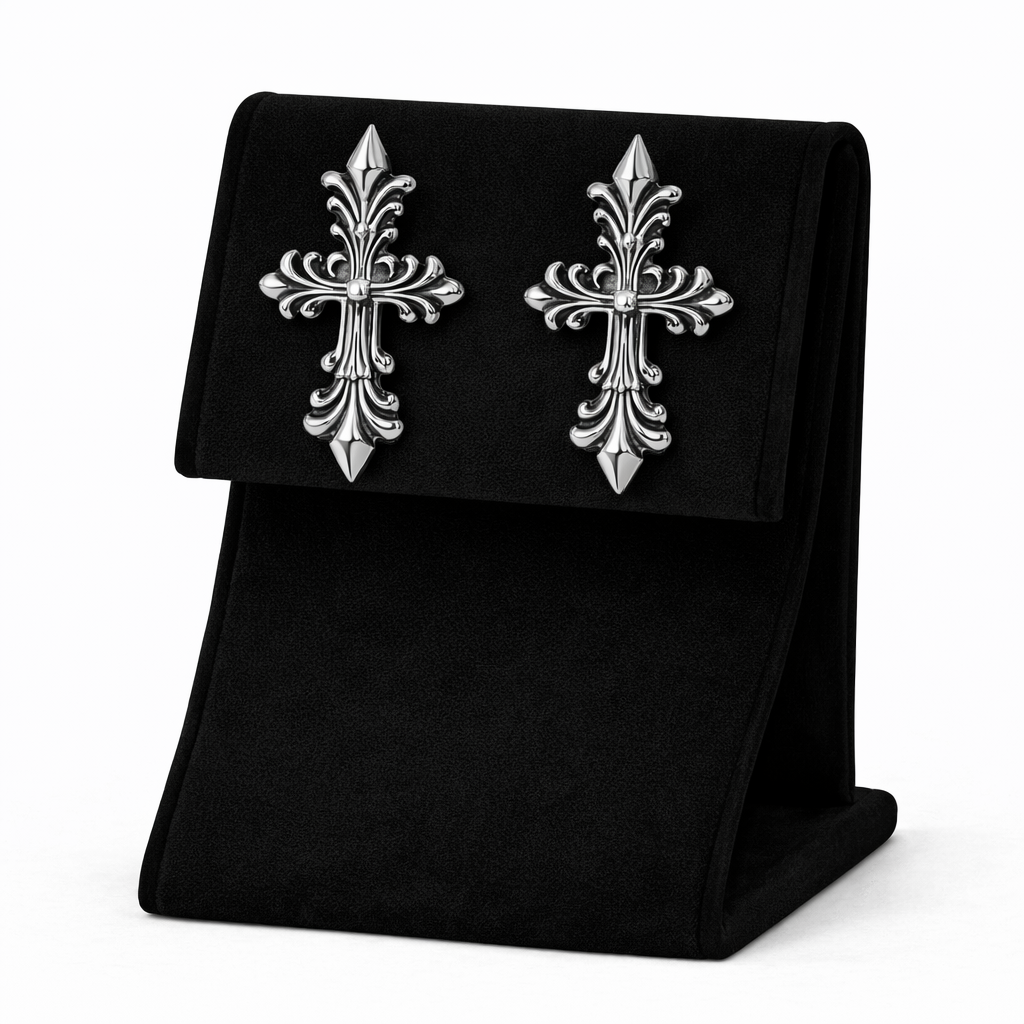 Vintage Cross Design Silver Hoop Earrings