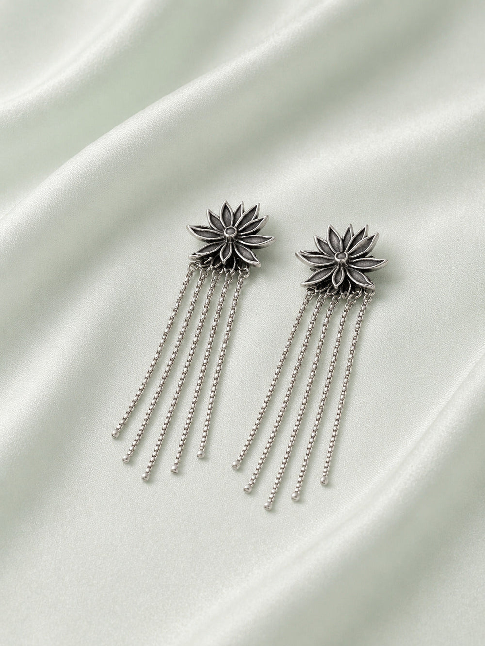 Sterling silver earrings for women with floral charm and long chain tassels