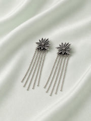 Sterling silver earrings for women with floral charm and long chain tassels