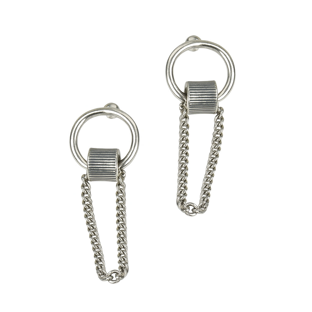 Silver drop earrings for women with minimal loop chain design