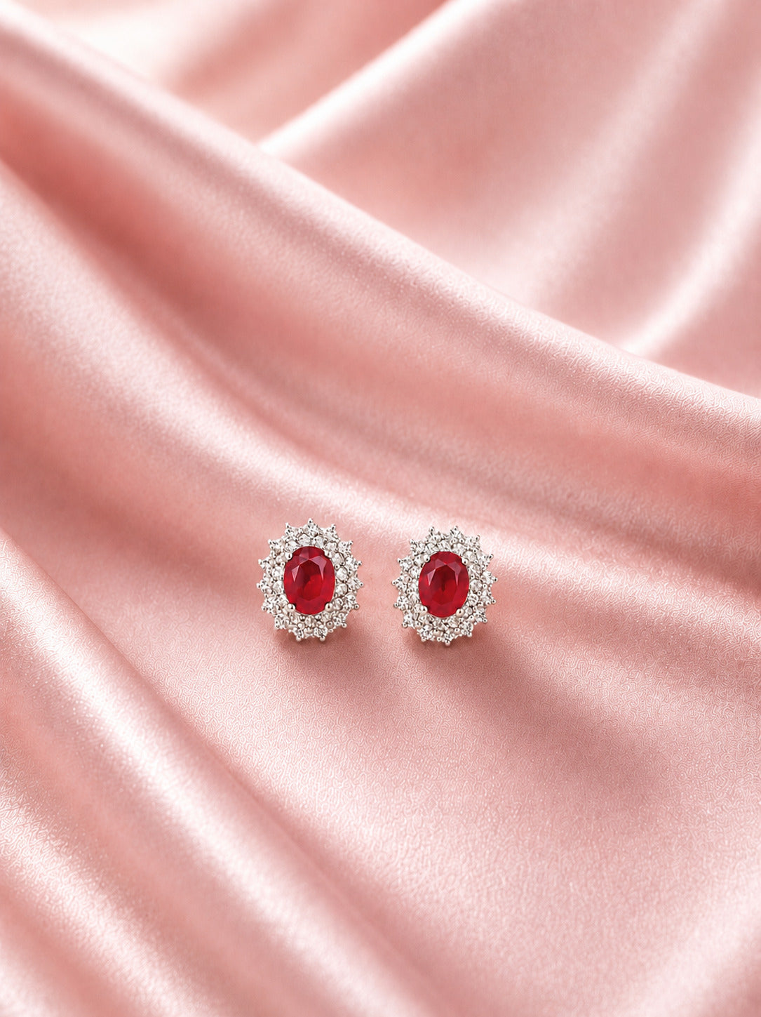Sterling silver earrings for women with ruby pink centre stone
