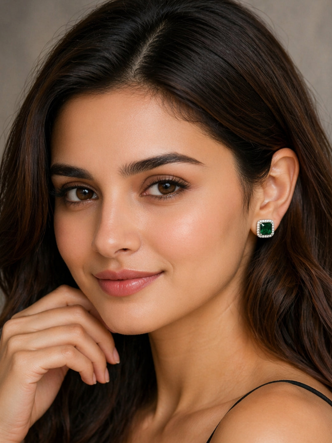 Silver traditional earrings for women with green square stud design