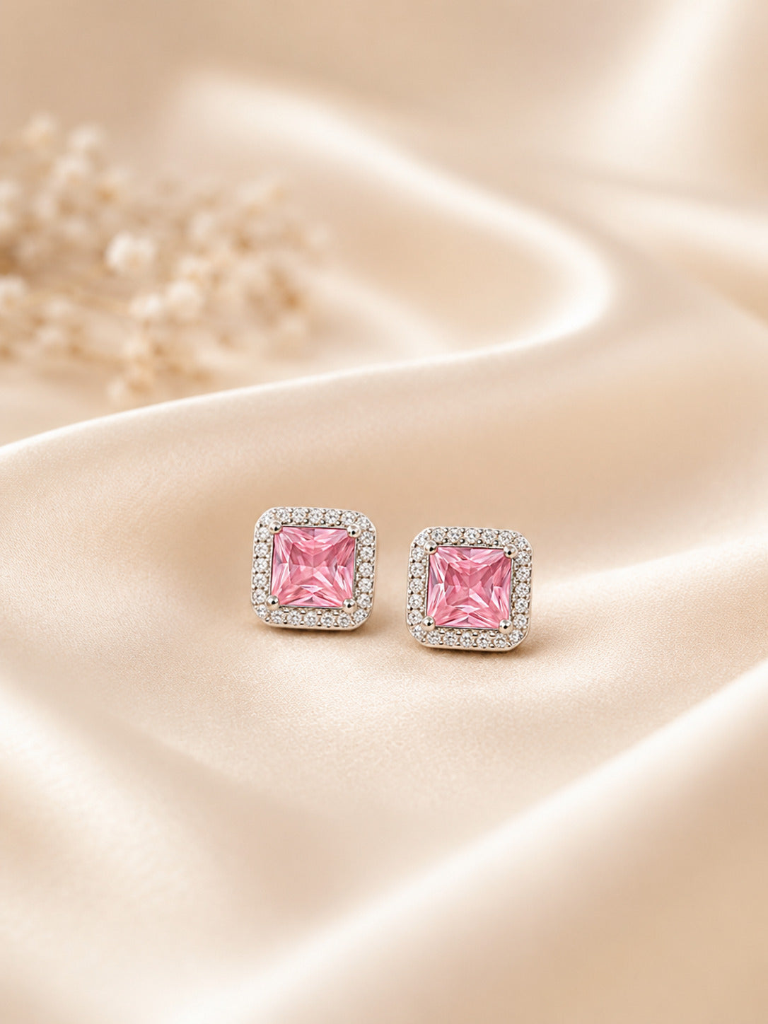 Sterling silver earrings for women with pink square zircon stones