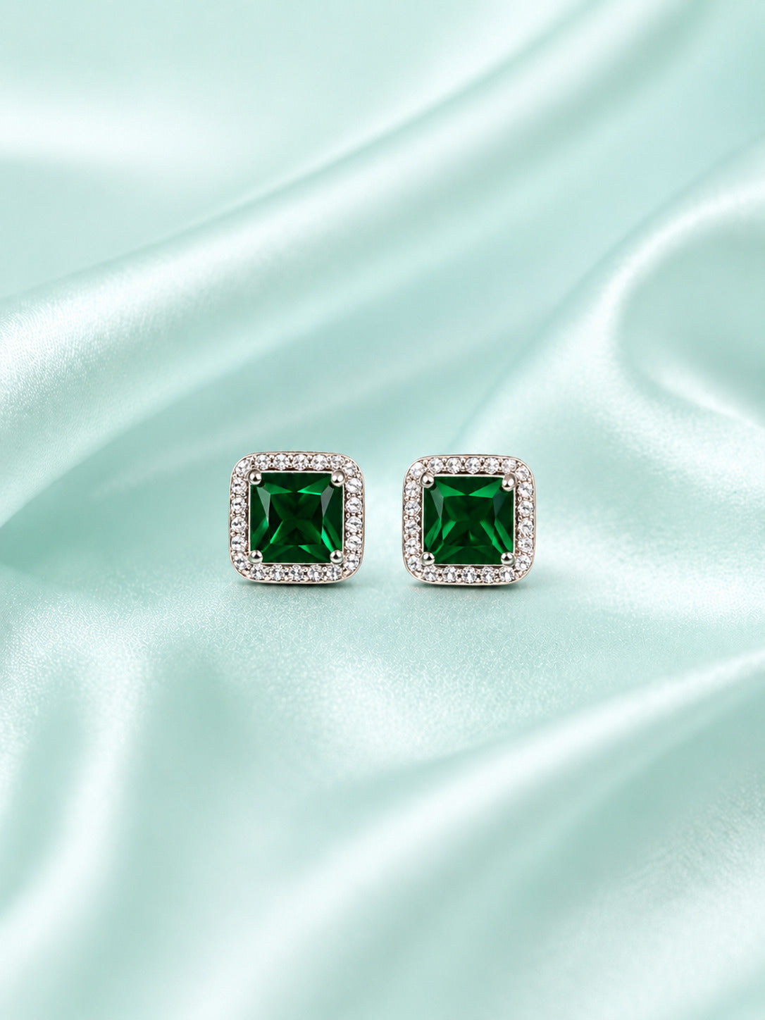 Sterling silver earrings for women with emerald green square stone