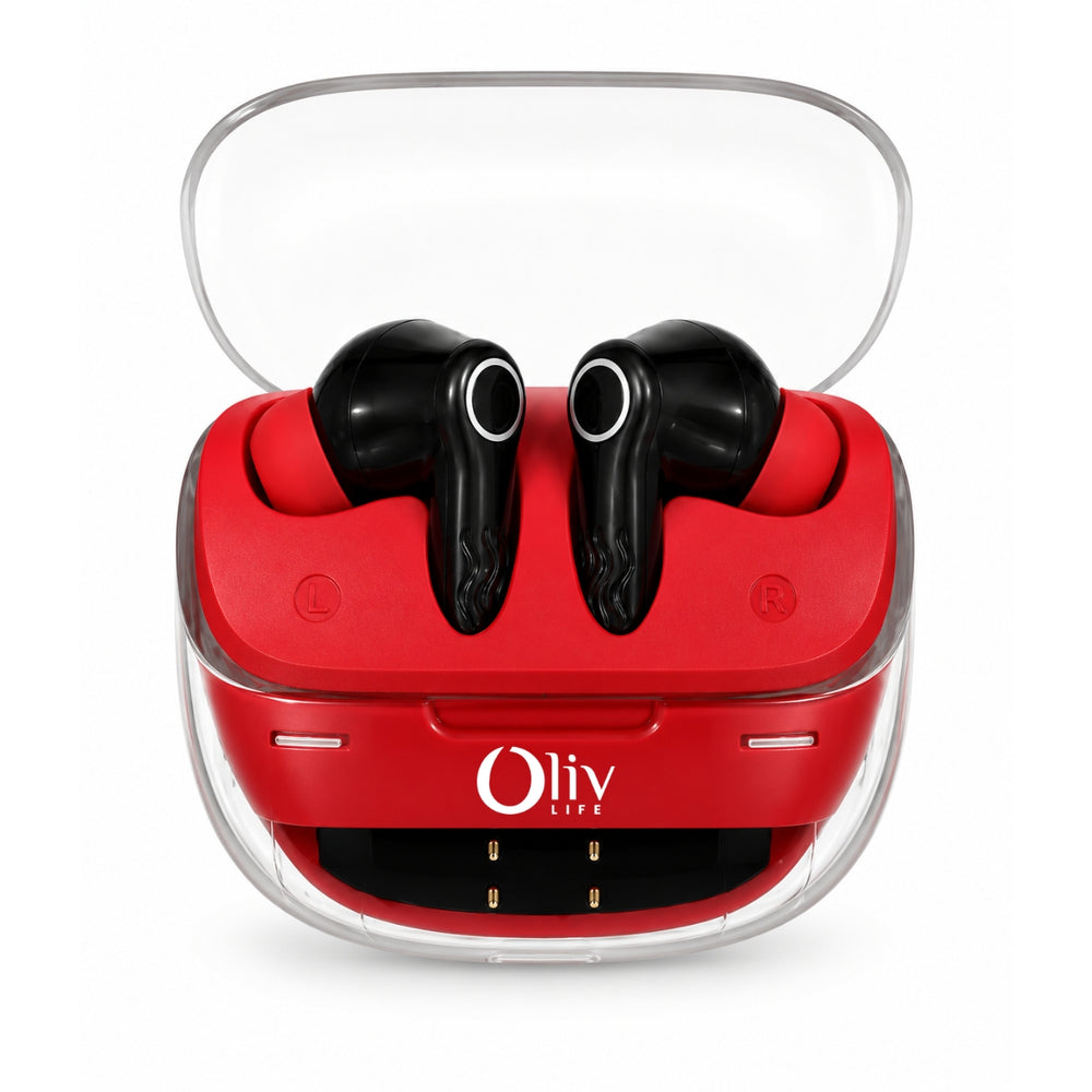 OlivLife Nero earbuds with compact charging case