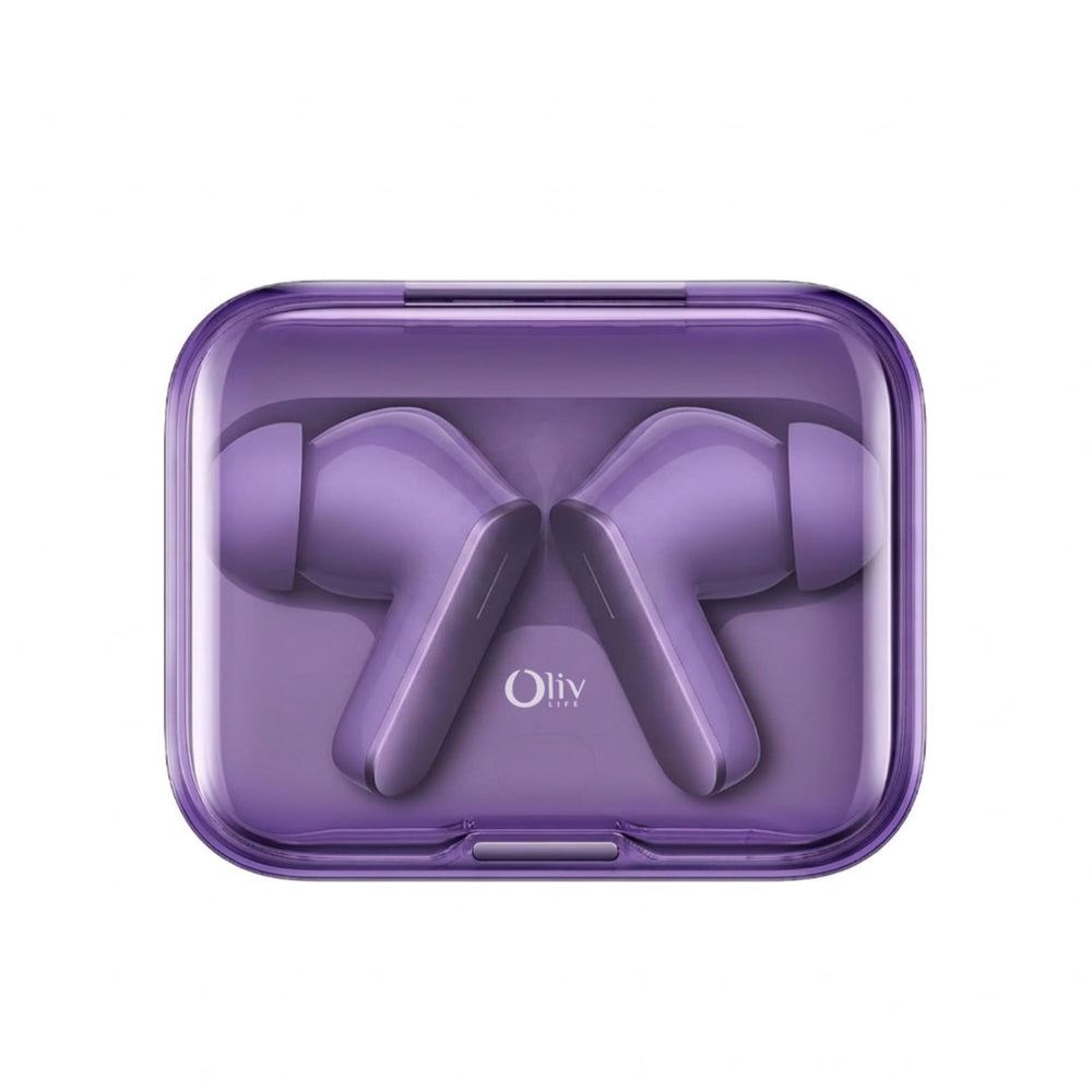 OlivLife Rivo wireless earbuds being worn – half in-ear ergonomic design for all-day comfort and clear calling
