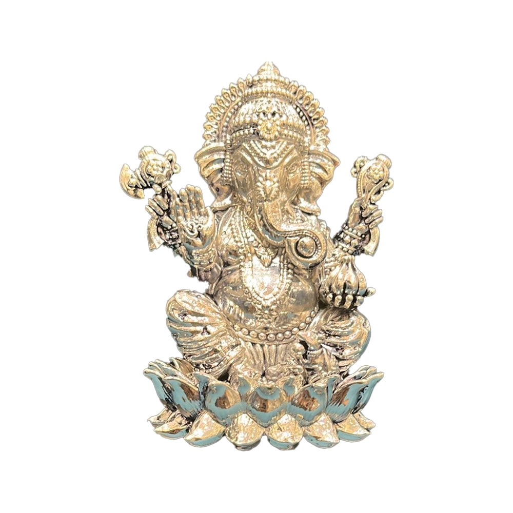 Pure Silver Lord Ganesha Idol Divine Ganesh Figurine on Lotus Base