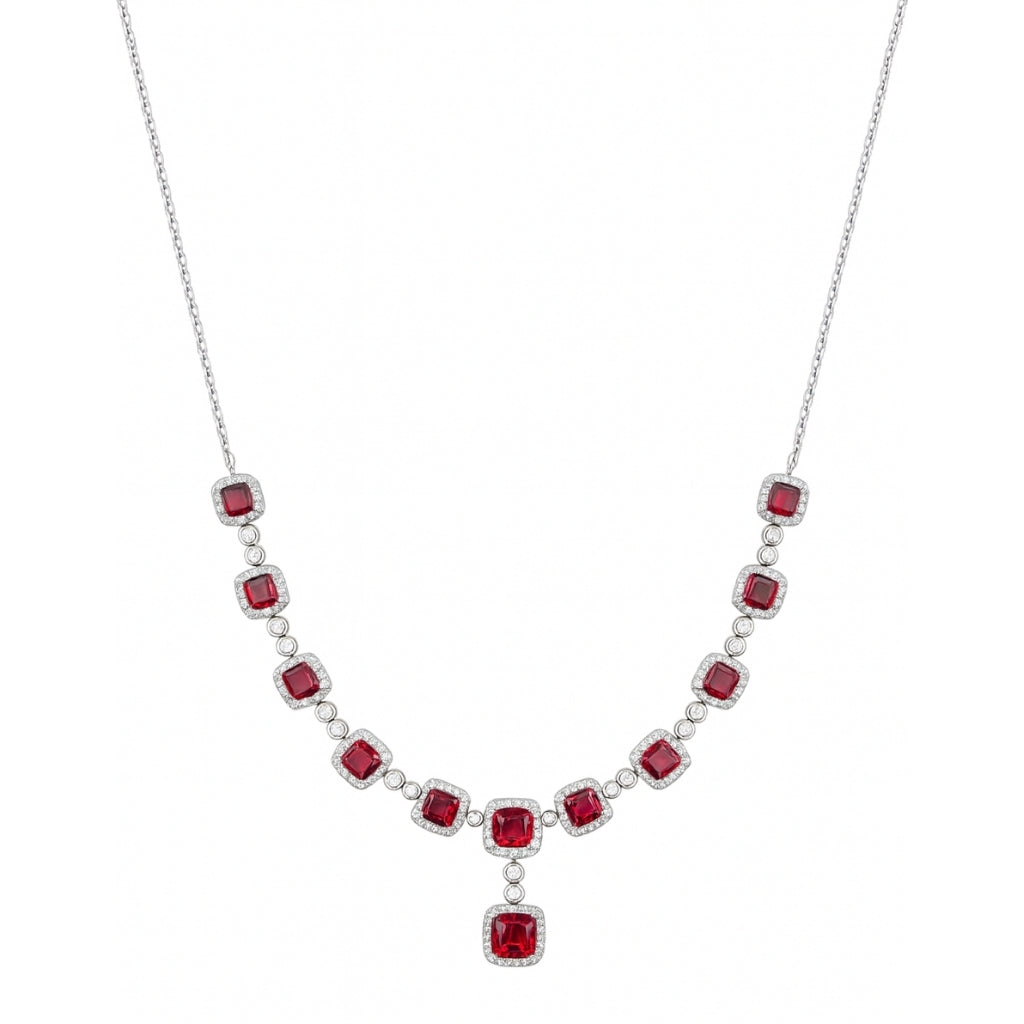 Silver necklace set for women with square ruby red stones and earrings
