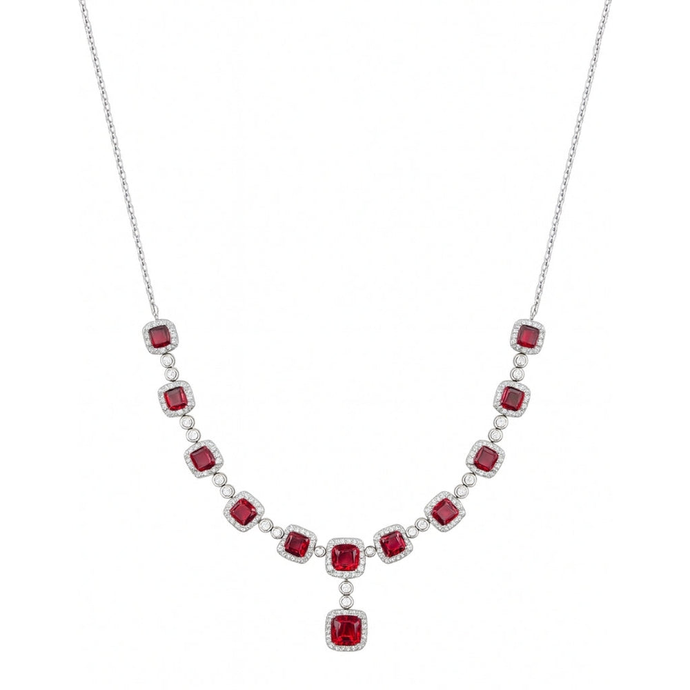 Silver necklace set for women with square ruby red stones and earrings