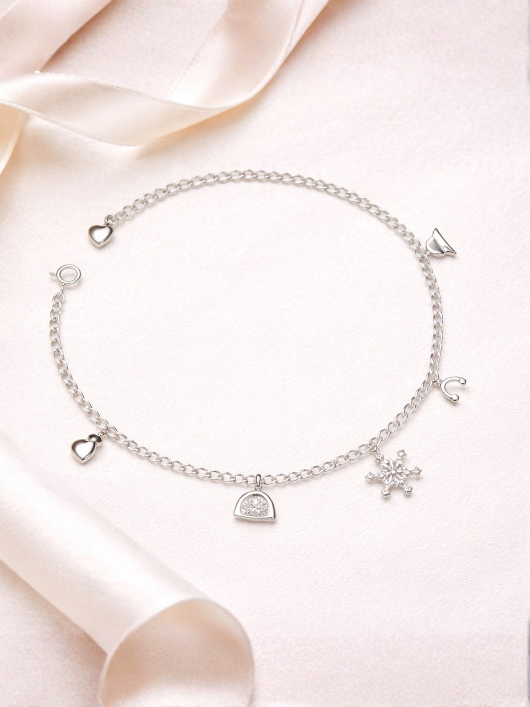 Silver Charm Anklet for Women with Mini Dangling Charms