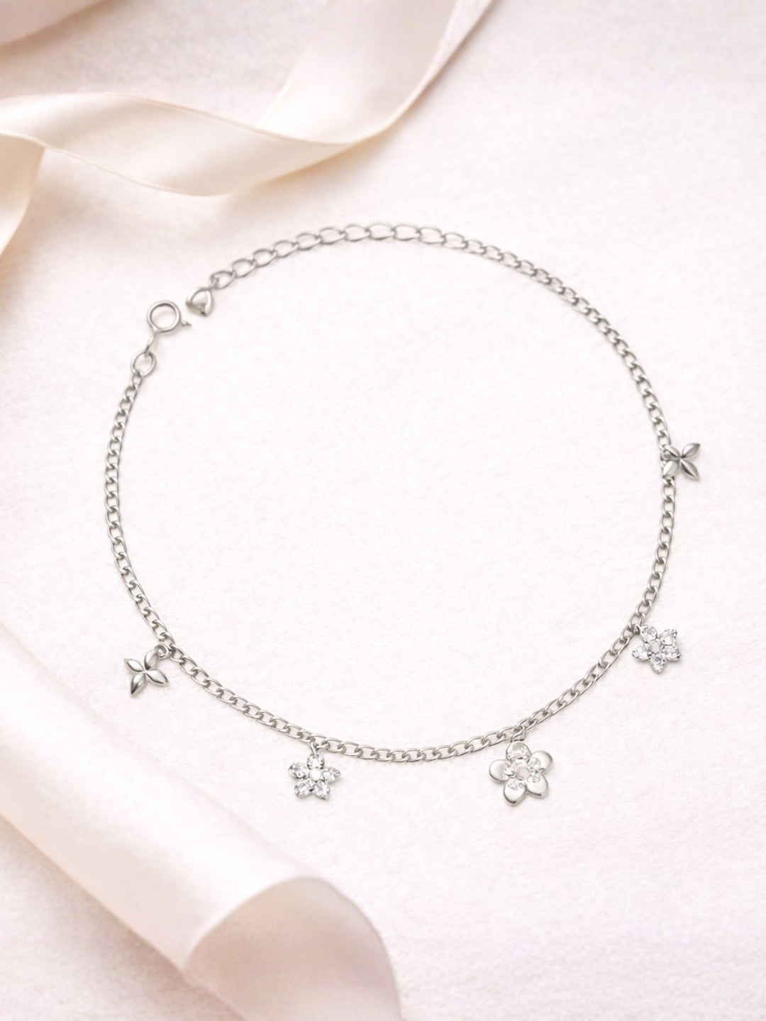 Elegant Silver Pair of Anklet Set with Star & Flower Charms