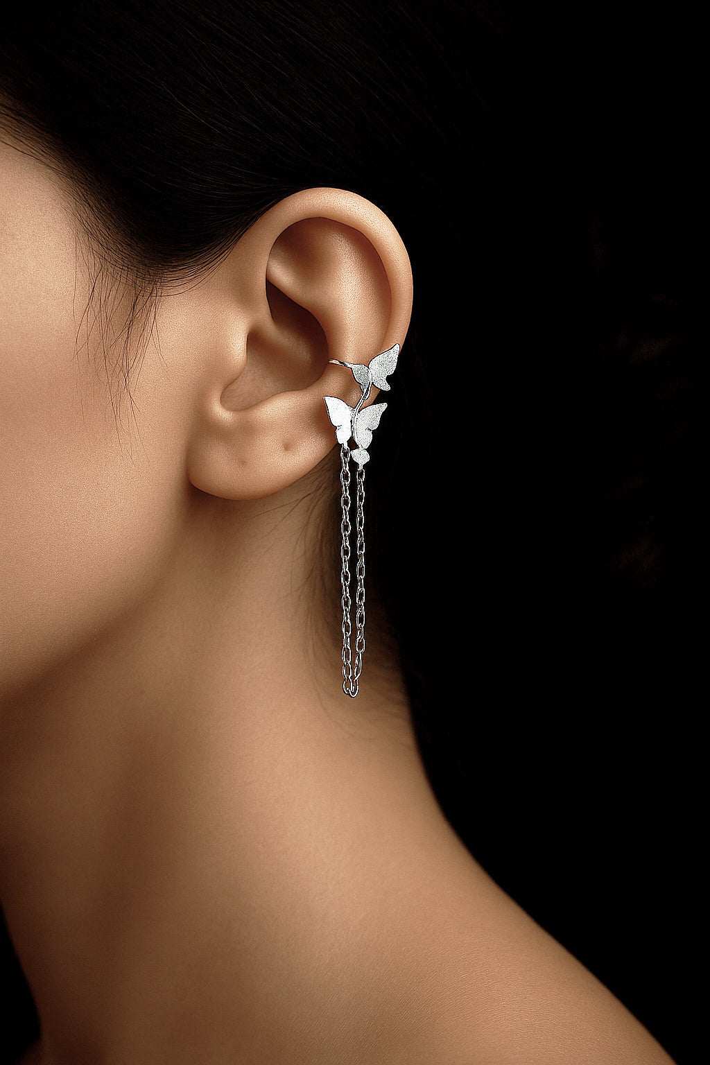 Silver Italian Butterfly Chain Ear Cuff Earrings