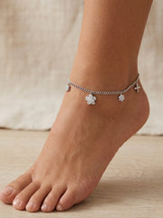 Elegant Silver Pair of Anklet Set with Star & Flower Charms