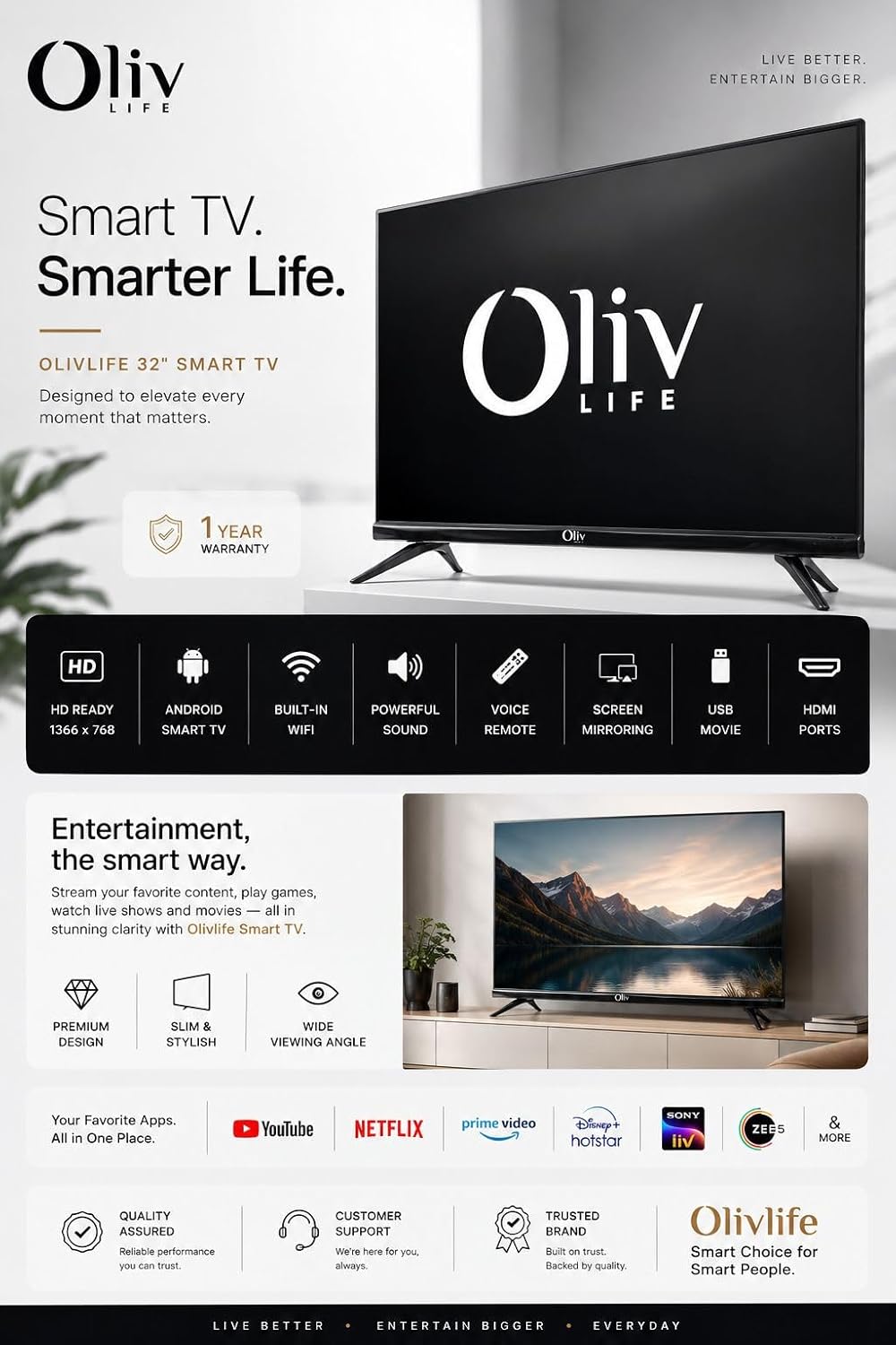 OlivLife 43 Inch 4K Ultra HD Smart Google LED TV |  with Voice Remote | Black (Copy)